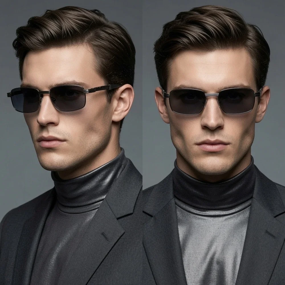 Mens Gunmetal Retro Sunglasses Gradient Smoke Lens Metal Frame Ribbed Detail New